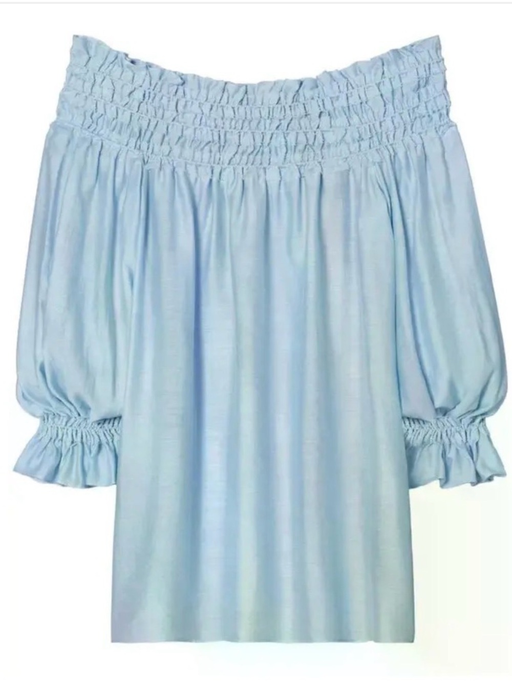 Tory Burch Light Blue Off-the-Shoulder Smocked Blouse